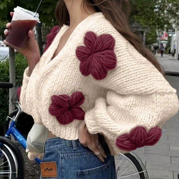 White And Red Boho Women's Jacquard Floral Patchwork Knit Cardigan - Picture 4 of 6